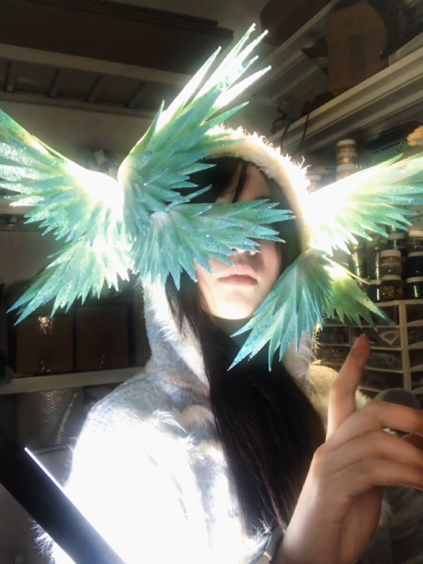Handmade Hatsune Miku Style Translucent Green Wing Headpiece with Pearlescent Finish