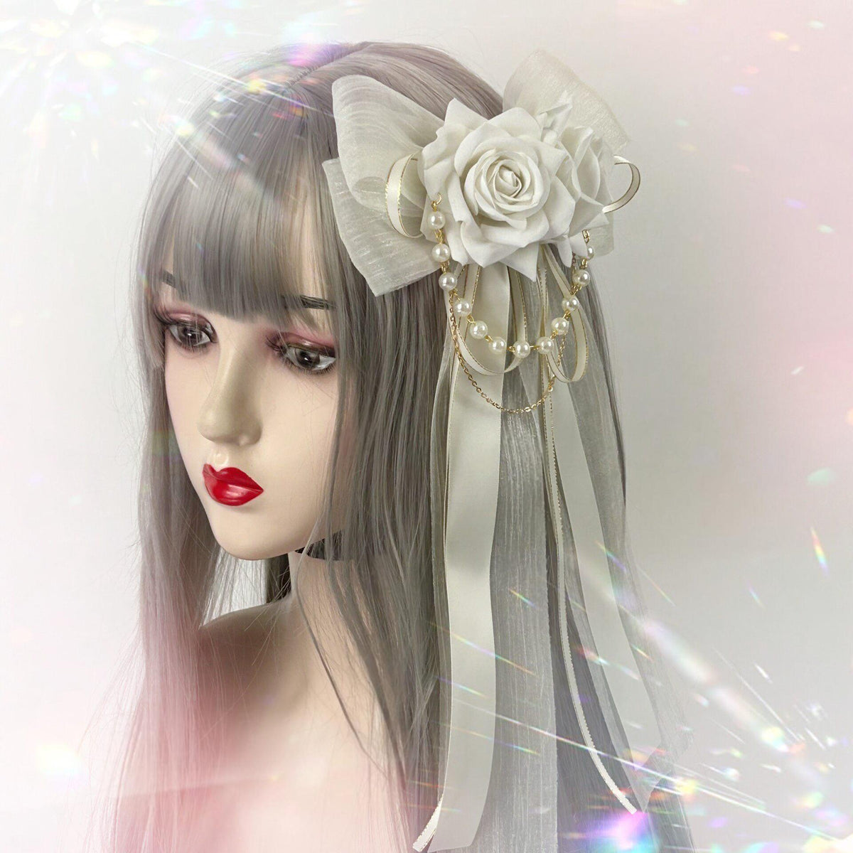 Lolita Bow Hair Clip with Pearl Chains