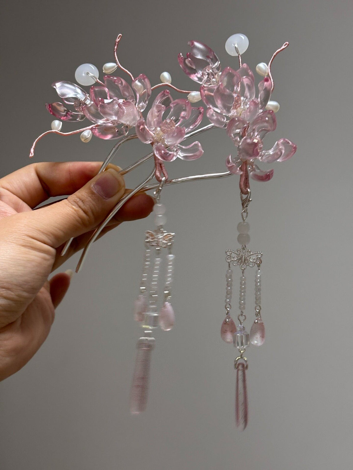 Liuli Glass Flower Hairpin with Tassels