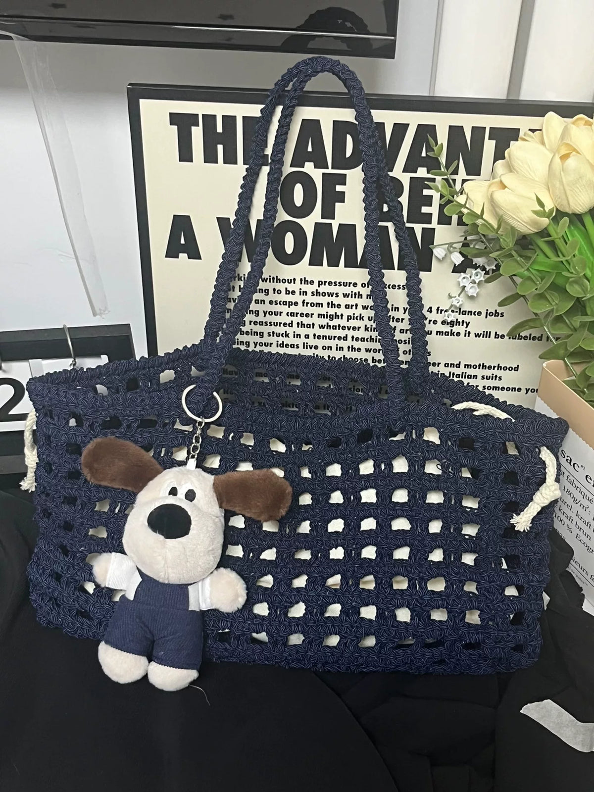 Navy Open Lattice Cord Tote Bag