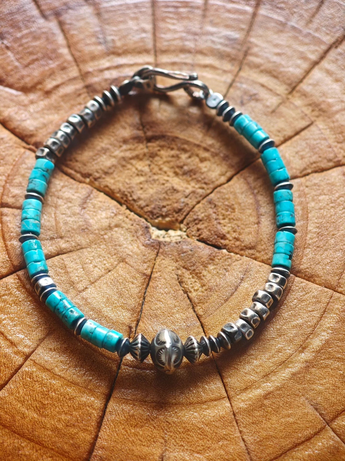 Handmade 925 Silver Navajo Turquoise Bead Bracelet