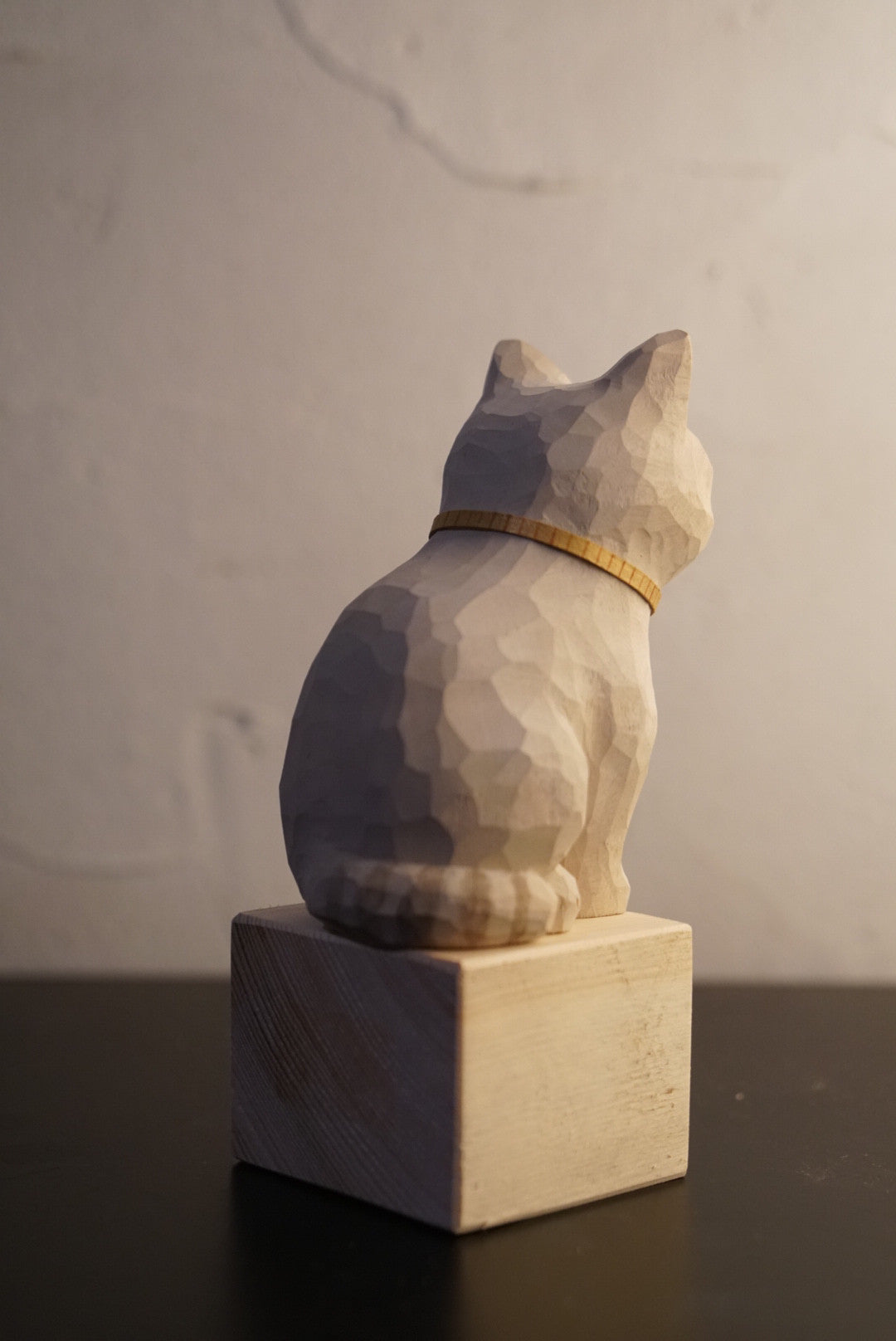 Handcrafted Linden Wood Cat Sculpture Geometric Design