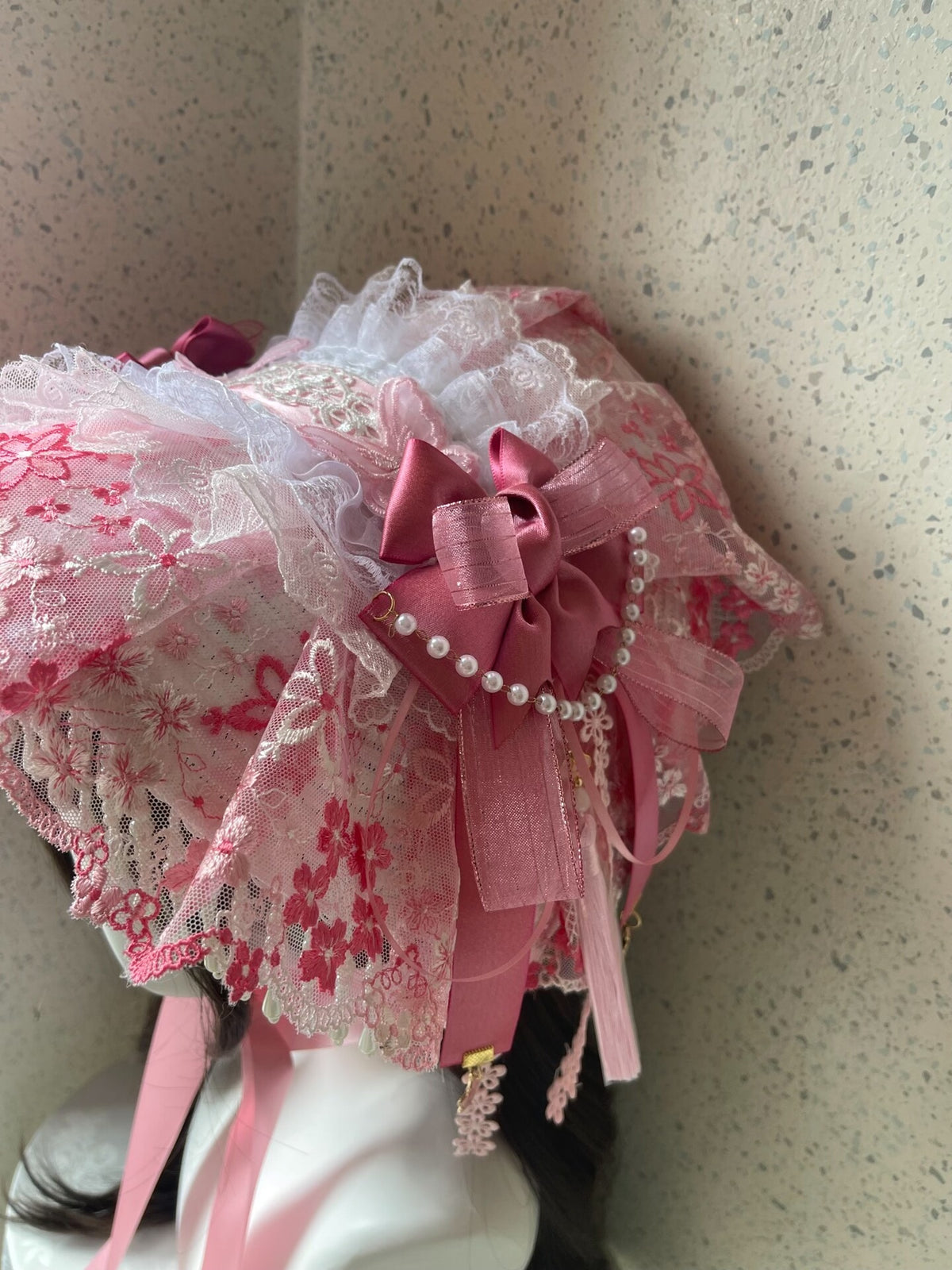 Handcrafted Pink Lace Lolita Bonnet Hat
