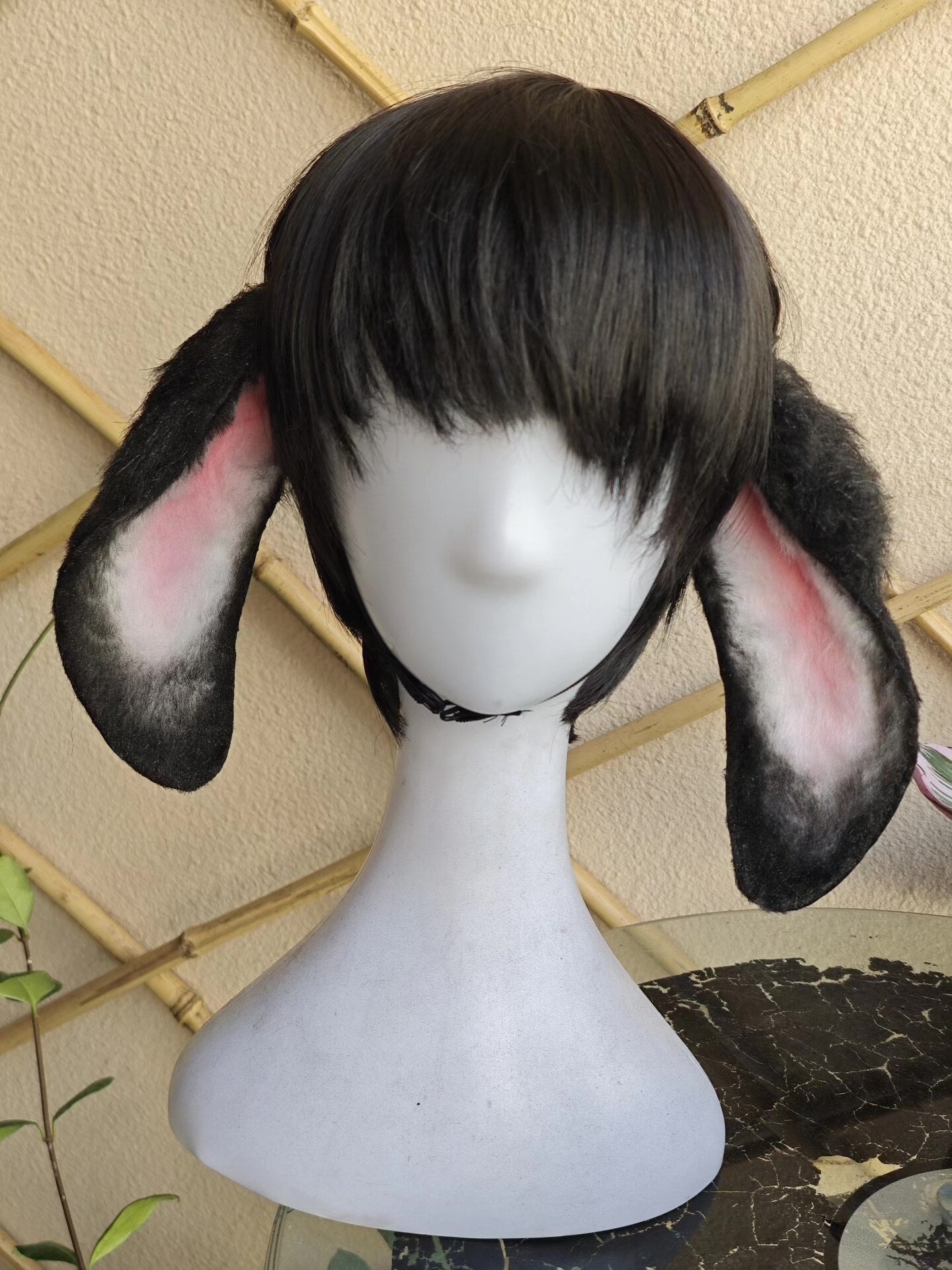 Handmade Lop-Ear Rabbit Ears with Black-to-Gray Fur