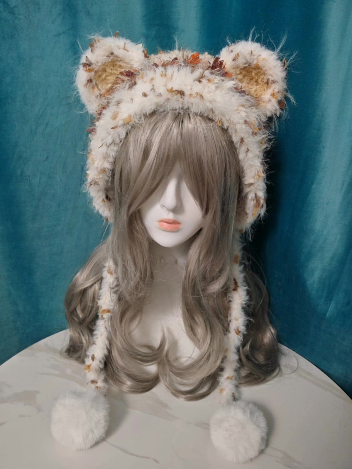 Milk Coffee Bear Hat with Faux Fur Pom Poms