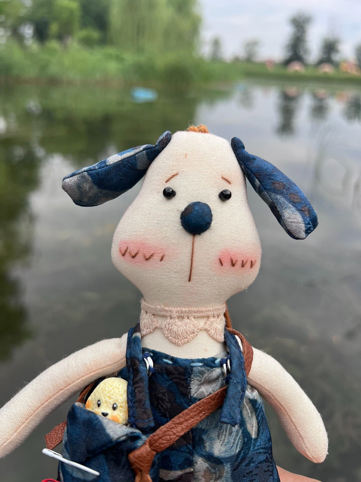 Blue Porcelain Dog Plush Keychain Pendant