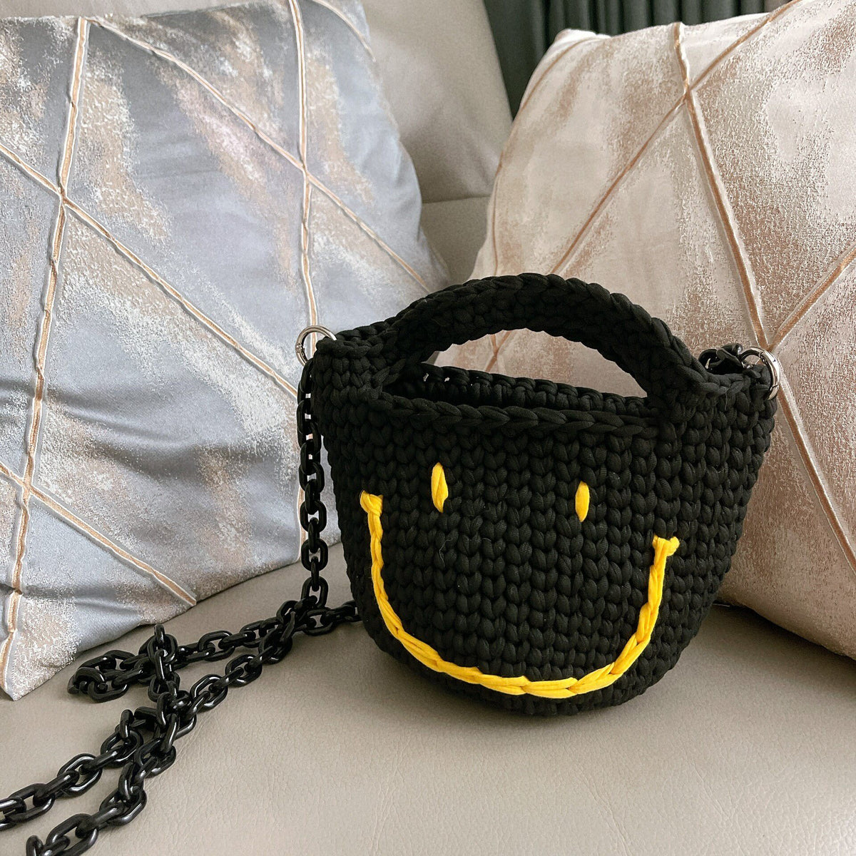 Handwoven Smiley Face Bag with Chain Strap