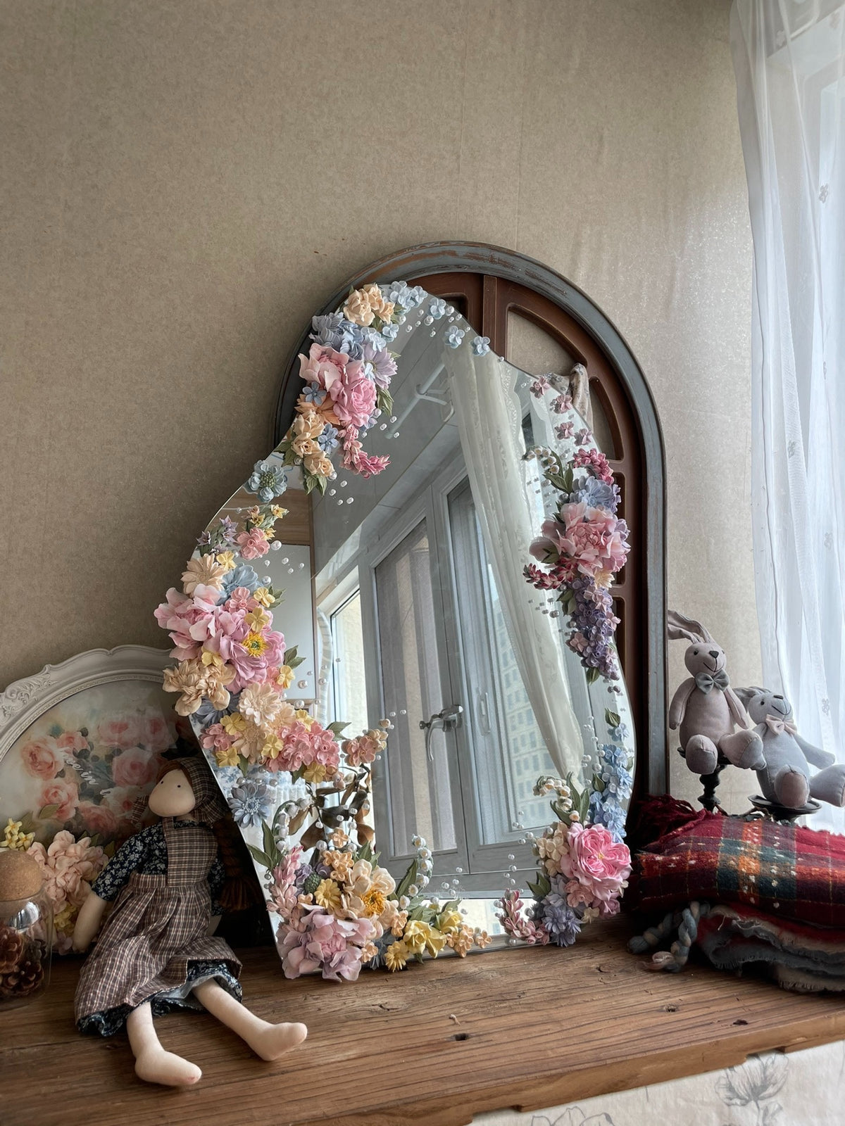 Clay Flower Decorated Mirror