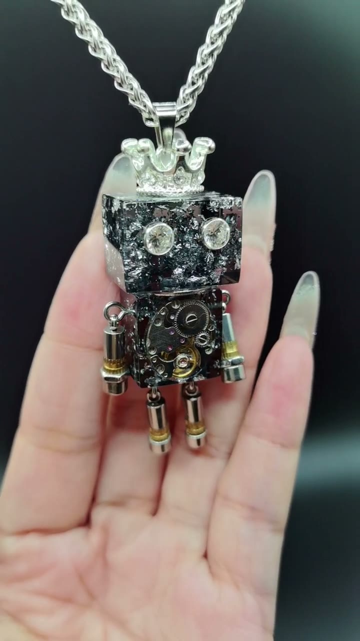 Handmade Punk Robot Pendant Necklace with Crown