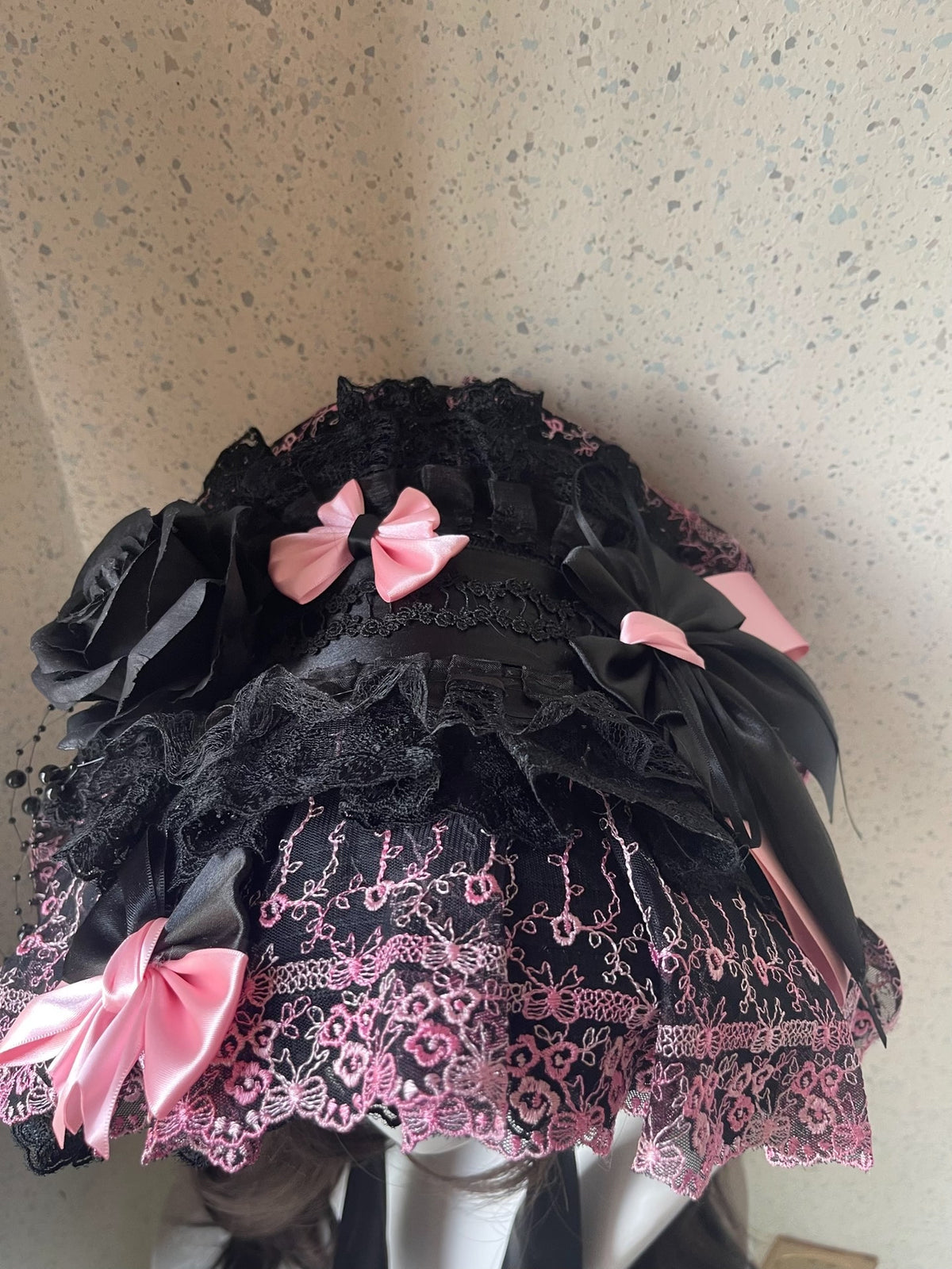 Lolita Bonnet with Black and Pink Lace