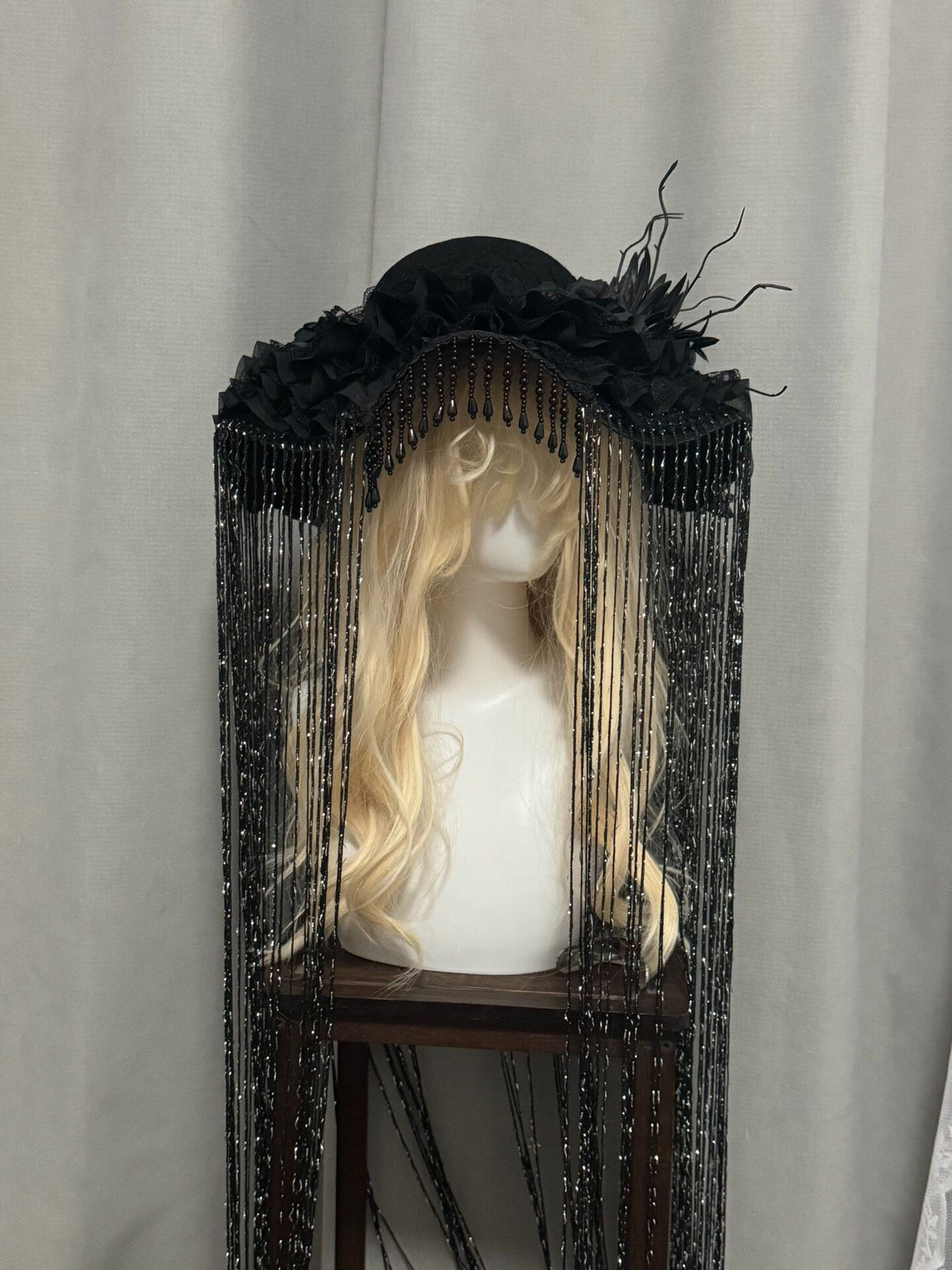 Gothic Lolita Veiled Hat with Beaded Fringe
