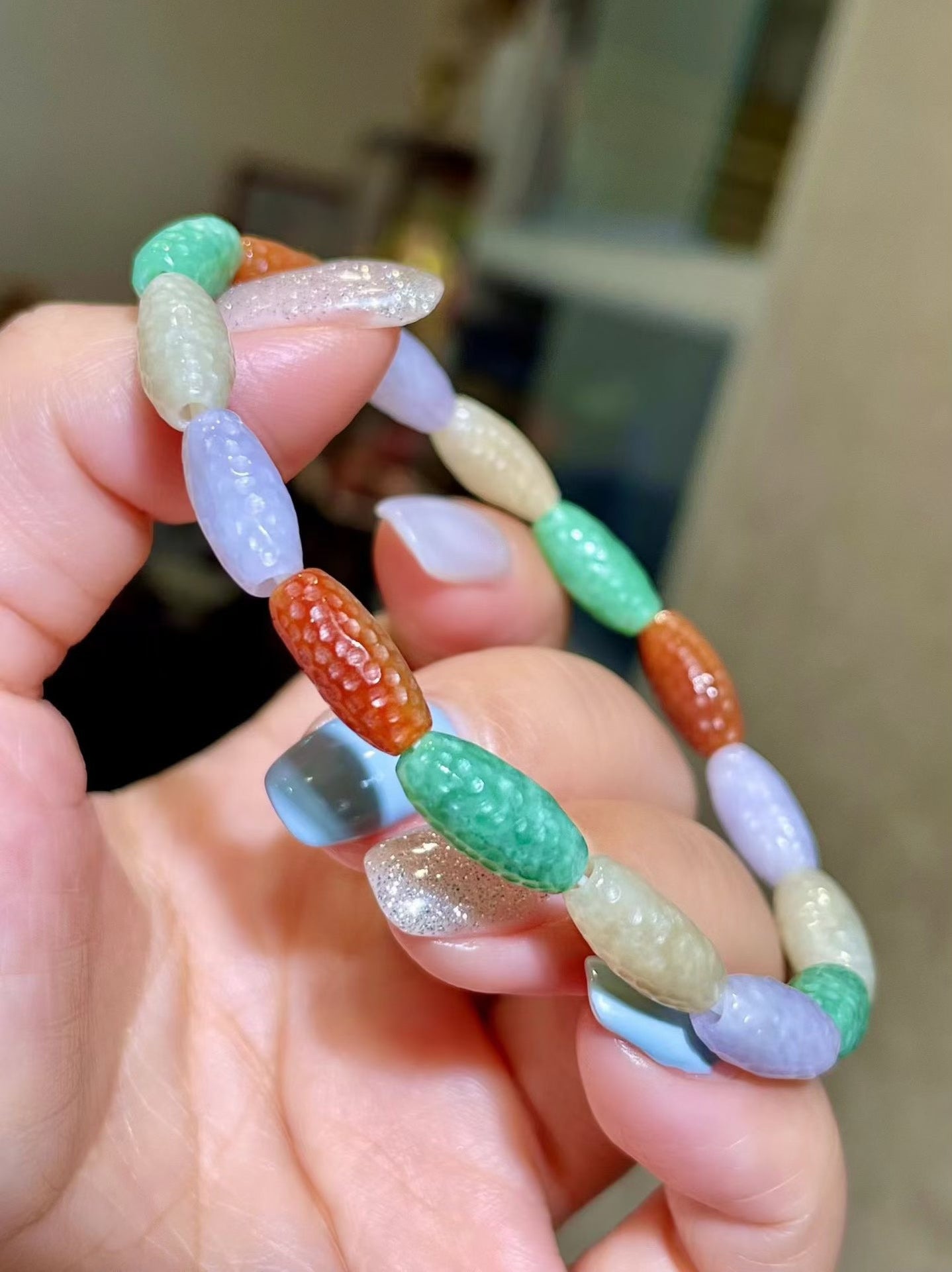 Multi-Color Stippled Jade Bead Bracelet, Capsule Beads 13.5x6.5mm, 13g
