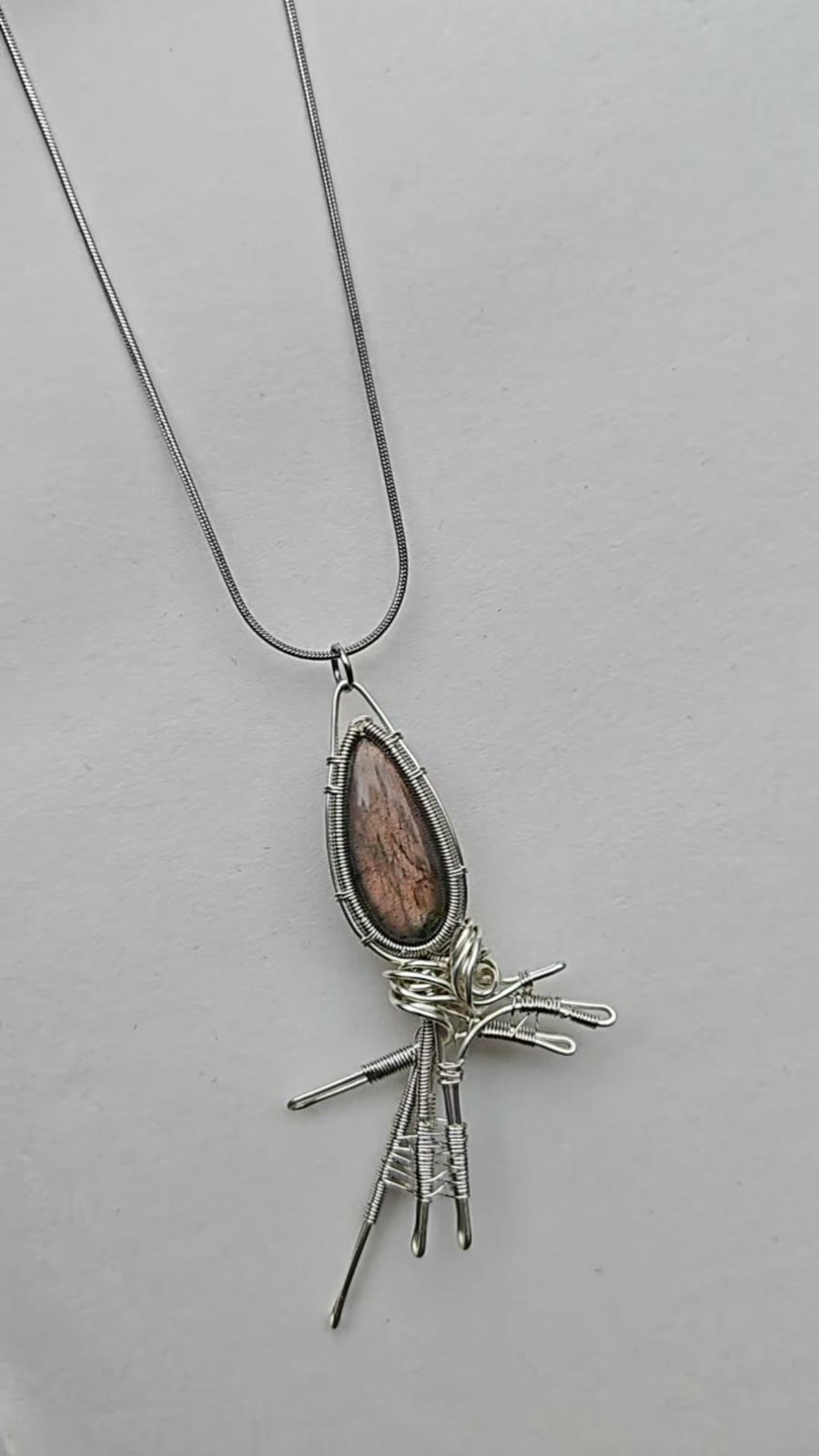 Labradorite Wire Wrapped Fishbone Necklace