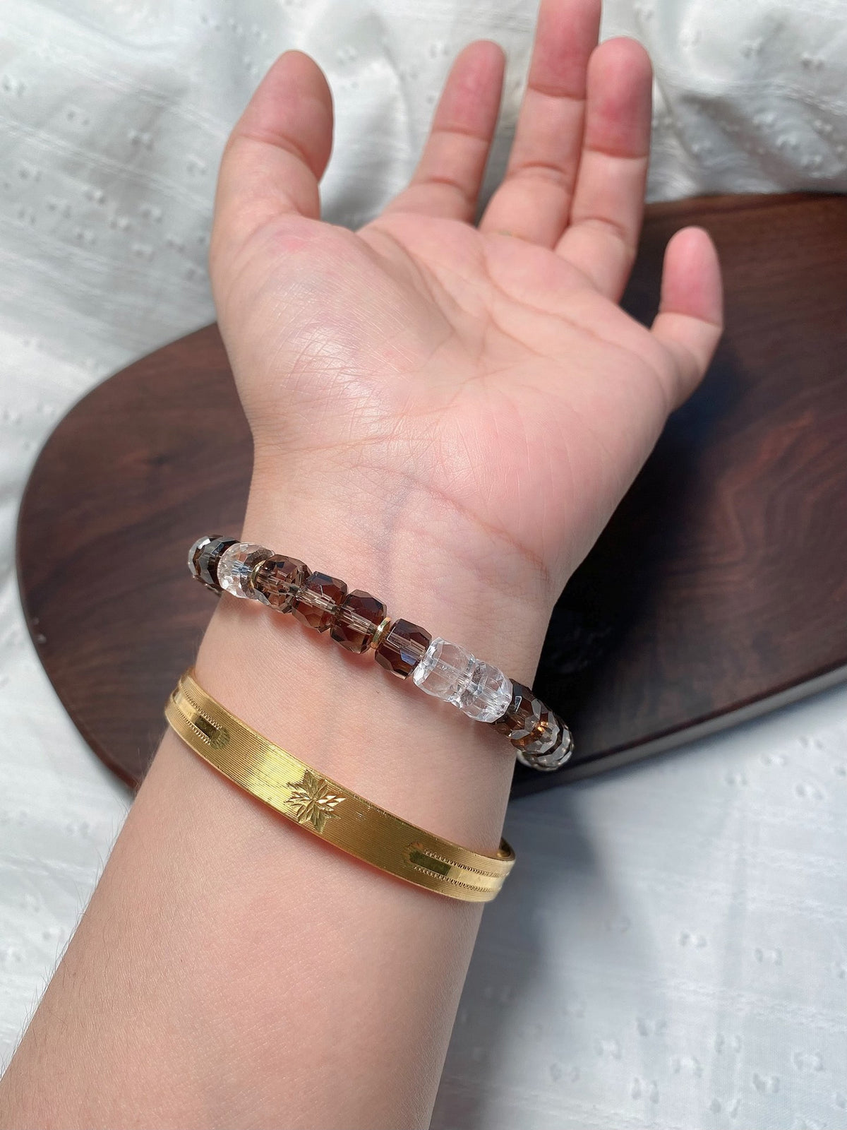 Smoky Quartz Clear Quartz Faceted Bead Bracelet