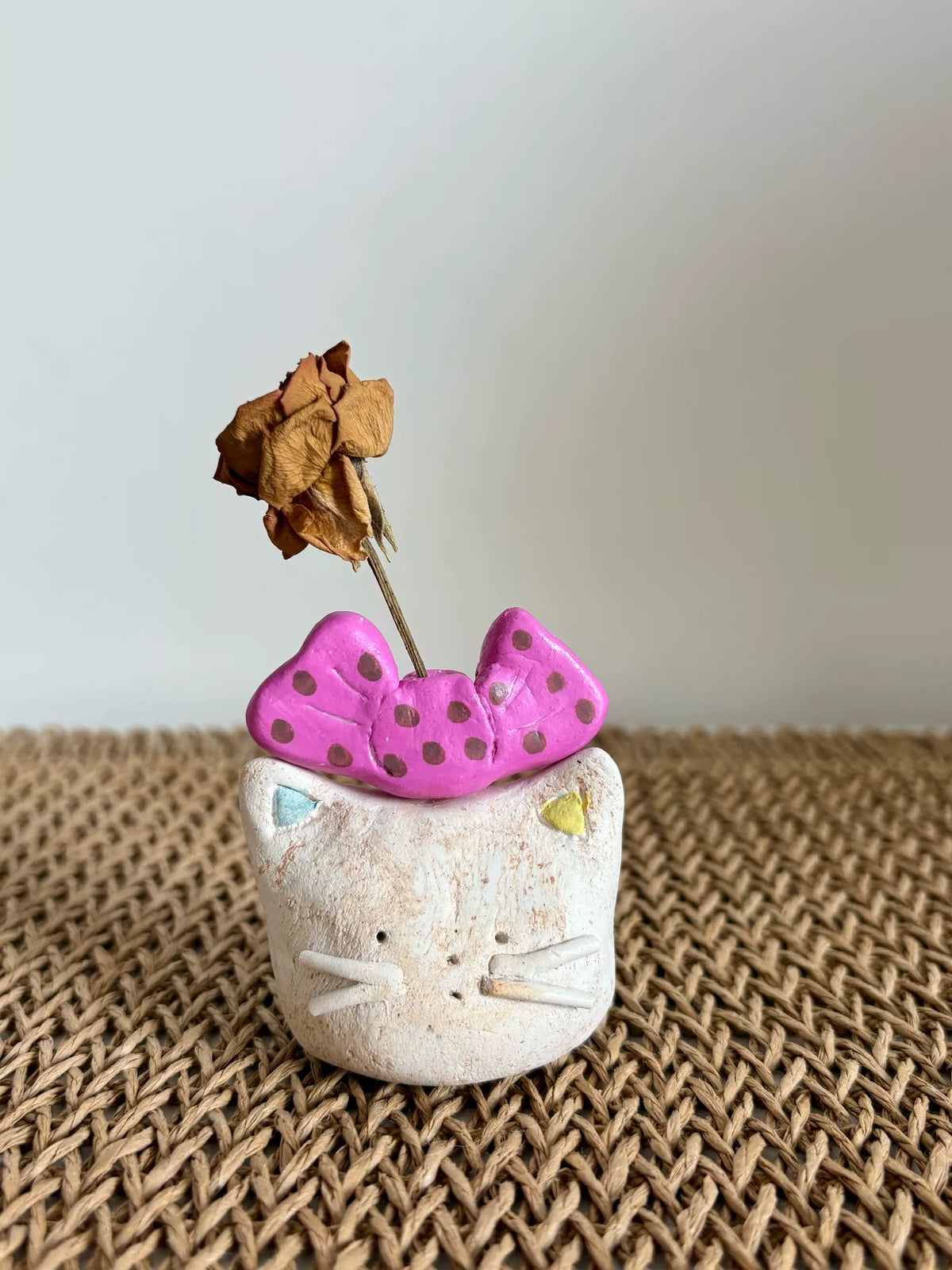 Handmade Clay Cat Figurine with Pink Bow