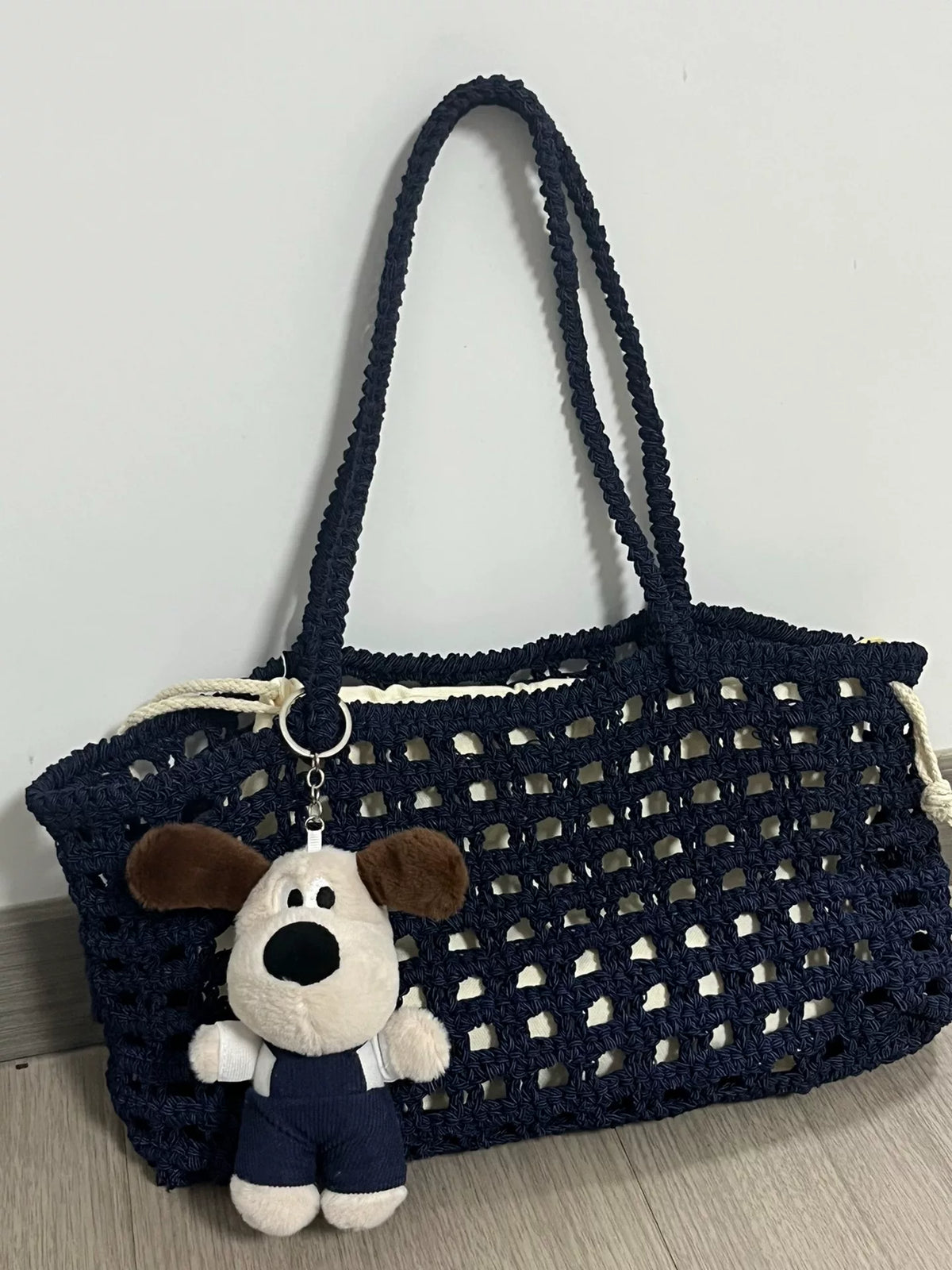 Navy Open Lattice Cord Tote Bag