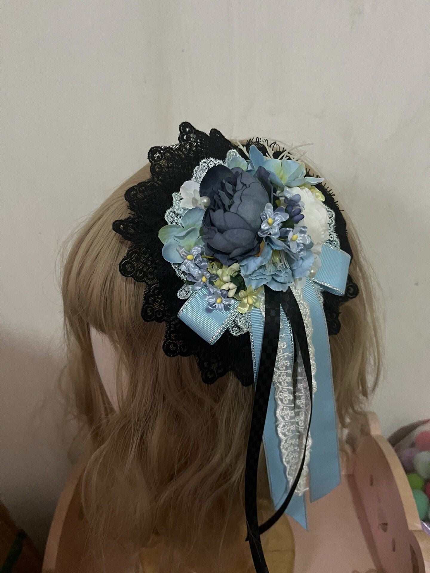 Handmade Lolita Blue-Black Flower Clip Brooch Two-Way Accessory