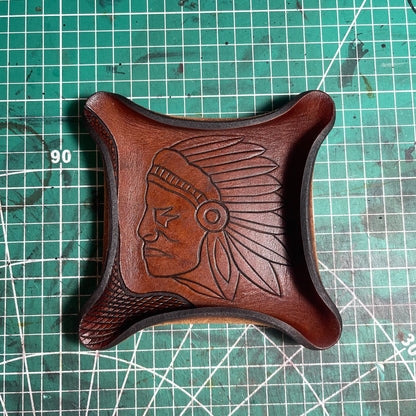 Square Vegetable-Tanned Leather Tray with Carved Portrait
