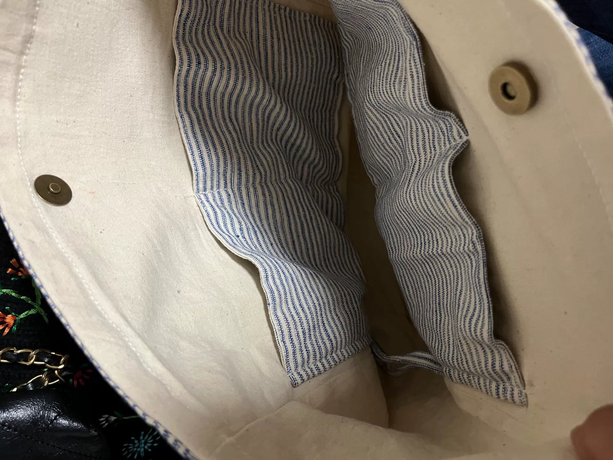 Bolso bandolera de algodón con rayas y bordado de Shiba Inu