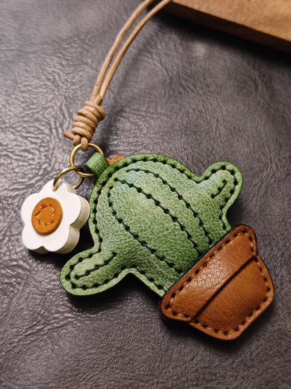 Handcrafted Cactus Leather Keychain with Flower Charms