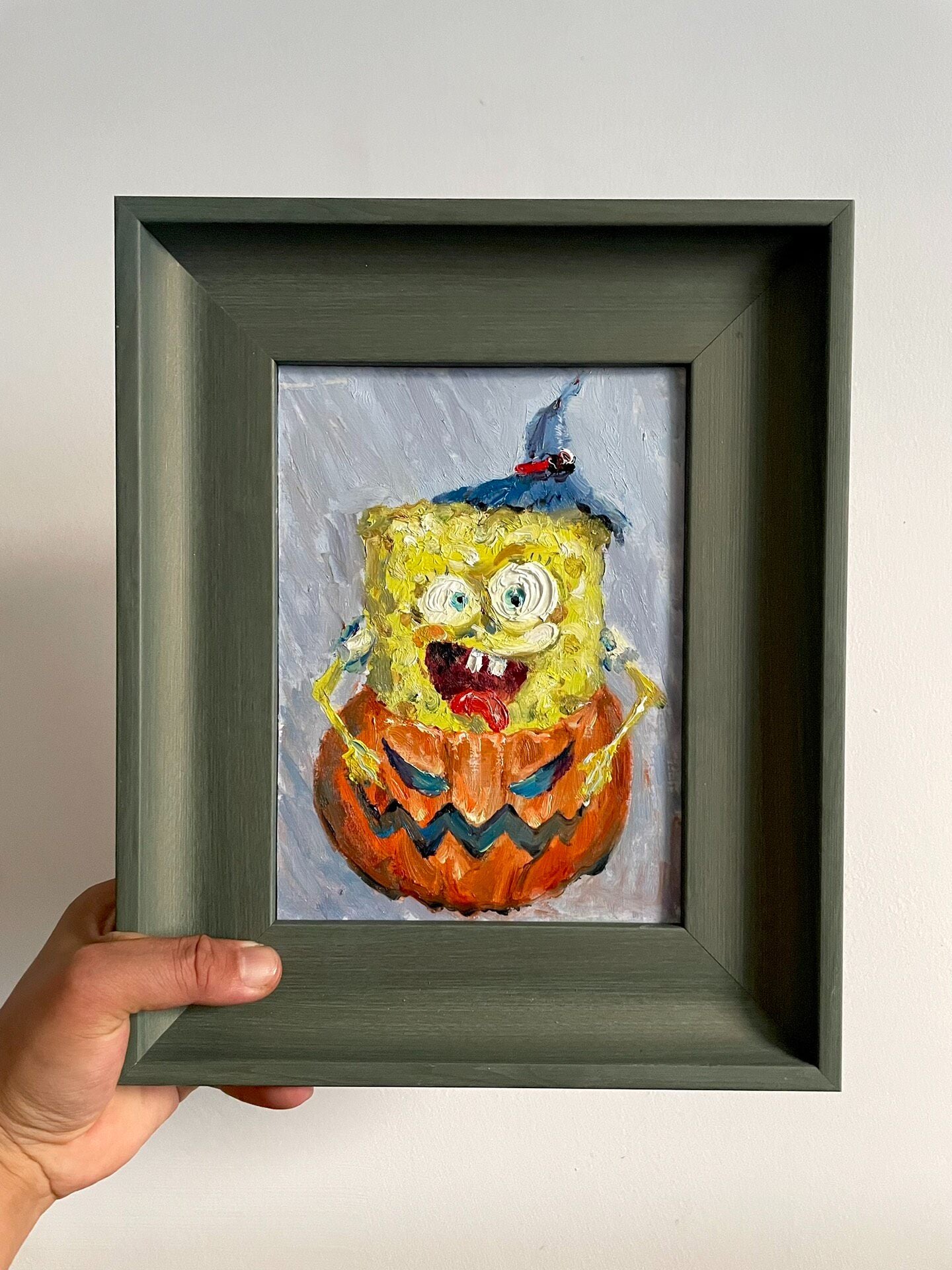 SpongeBob Halloween Themed Hand-Painted Oil Painting Original Artwork Framed Tabletop Decoration