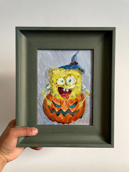 SpongeBob Halloween Themed Hand-Painted Oil Painting Original Artwork Framed Tabletop Decoration