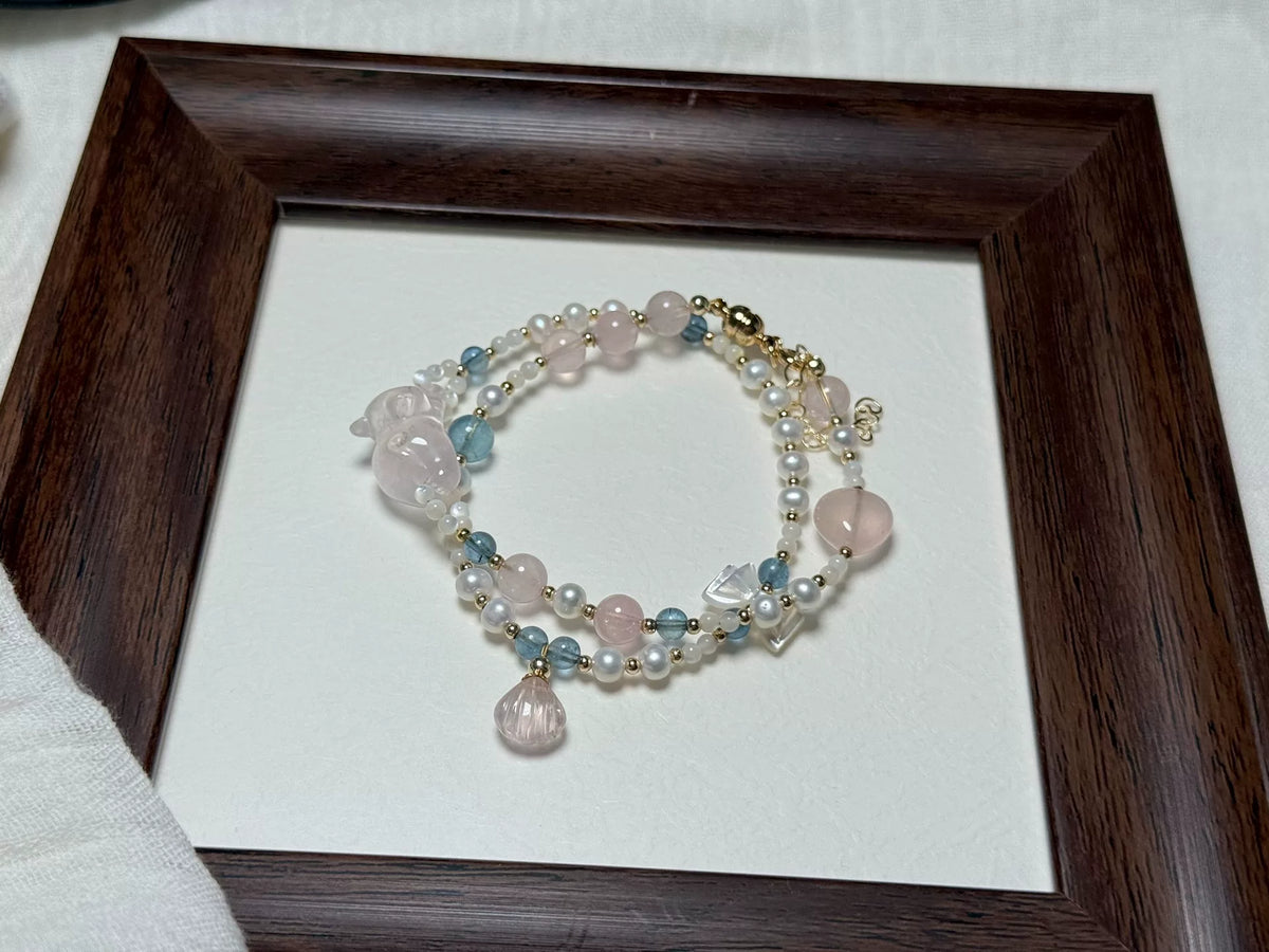 Rose Quartz Cat Pearl Double Strand Bracelet