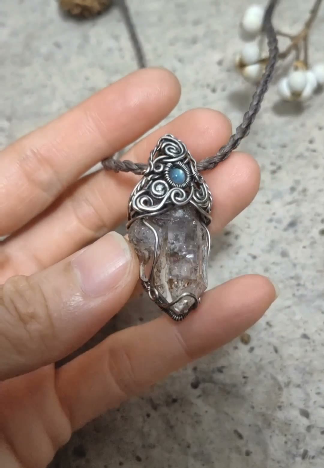 Wire-Wrapped Pendant Necklace with Tea Skeleton Crystal