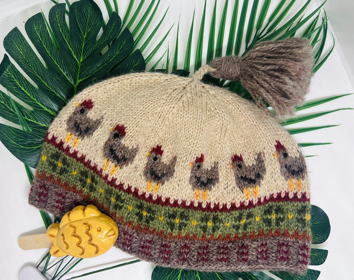 Shetland Wool Beanie Hat with Chicken Motif