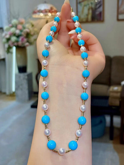 Blue Turquoise and Akoya Pearl Necklace with Gold-Toned Spacers