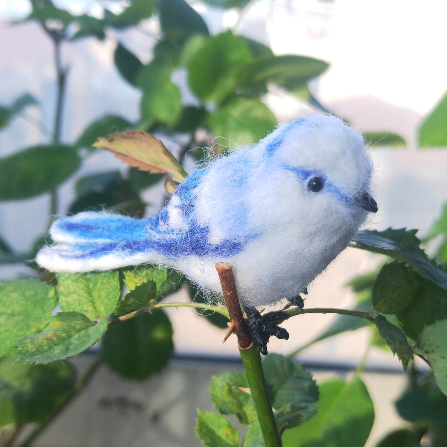 Needle-Felted Wool Miniature Bird Figurine with Blue and White Plumage