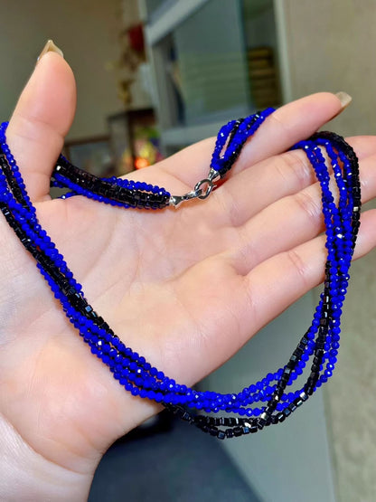 Six-Layer Strand Beaded Necklace, Faceted Blue and Black Beads, 40cm