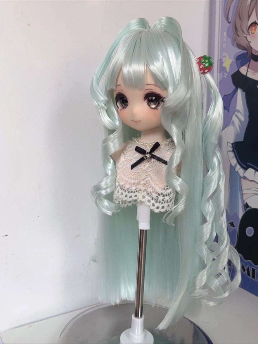 Doll Wig Mint Green with Curled Pigtails