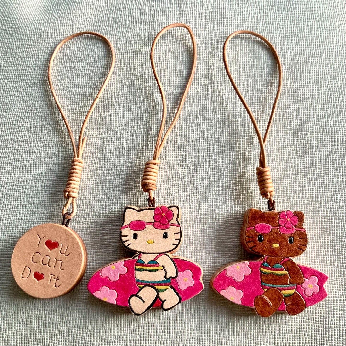 Hand-Carved Italian Leather Hello Kitty Keychain Set