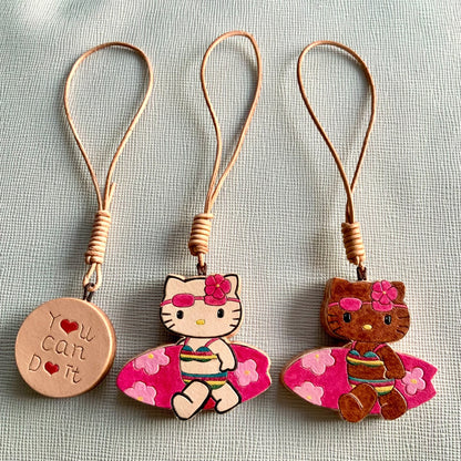 Hand-Carved Italian Leather Hello Kitty Keychain Set