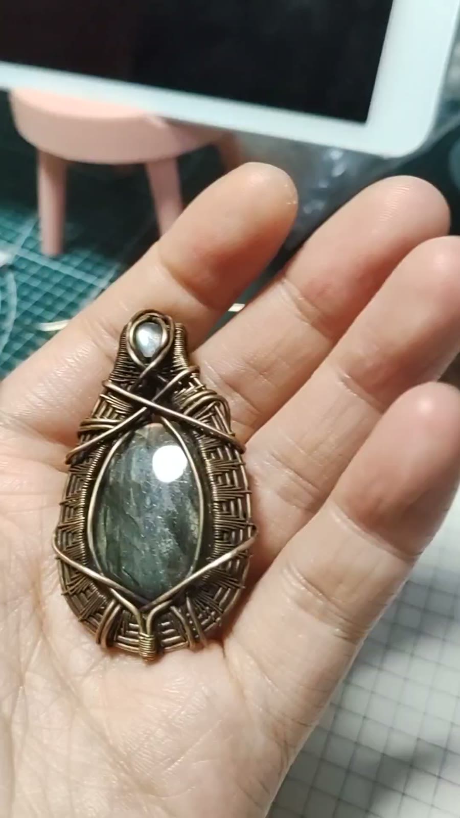 Antiqued Brass Wire Wrapped Golden Stone Pendant