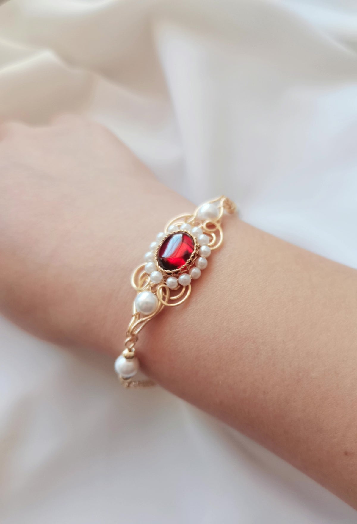 Garnet and Pearl Wire Wrapped Bracelet