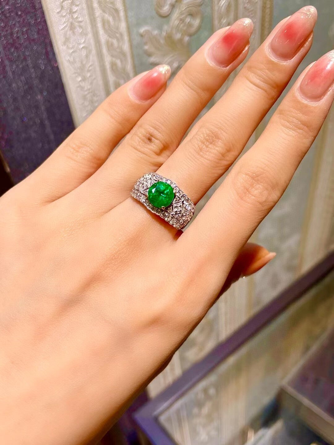 18K Gold Emerald Ring with Diamond Halo and Openwork Band