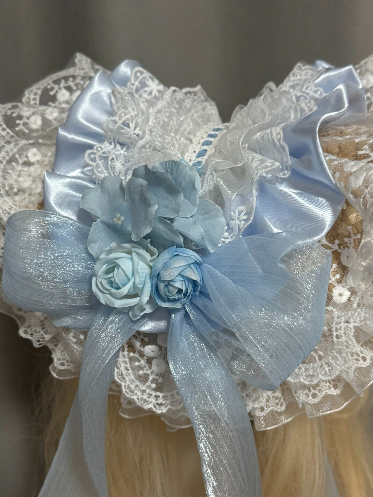 Handcrafted Blue Lace Bonnet Straw Hat