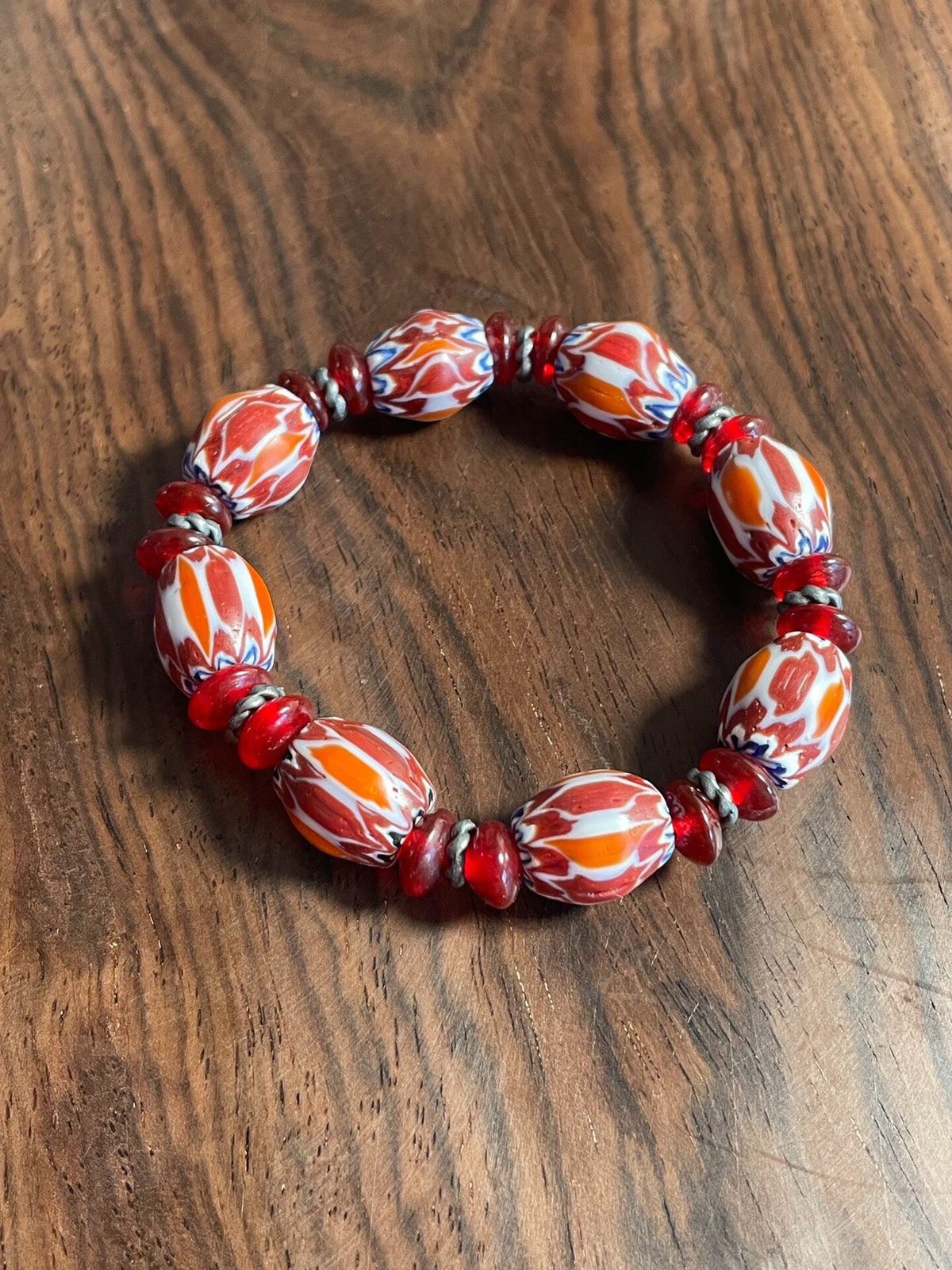Handmade Glass Beaded Bracelet Red Orange Marbled