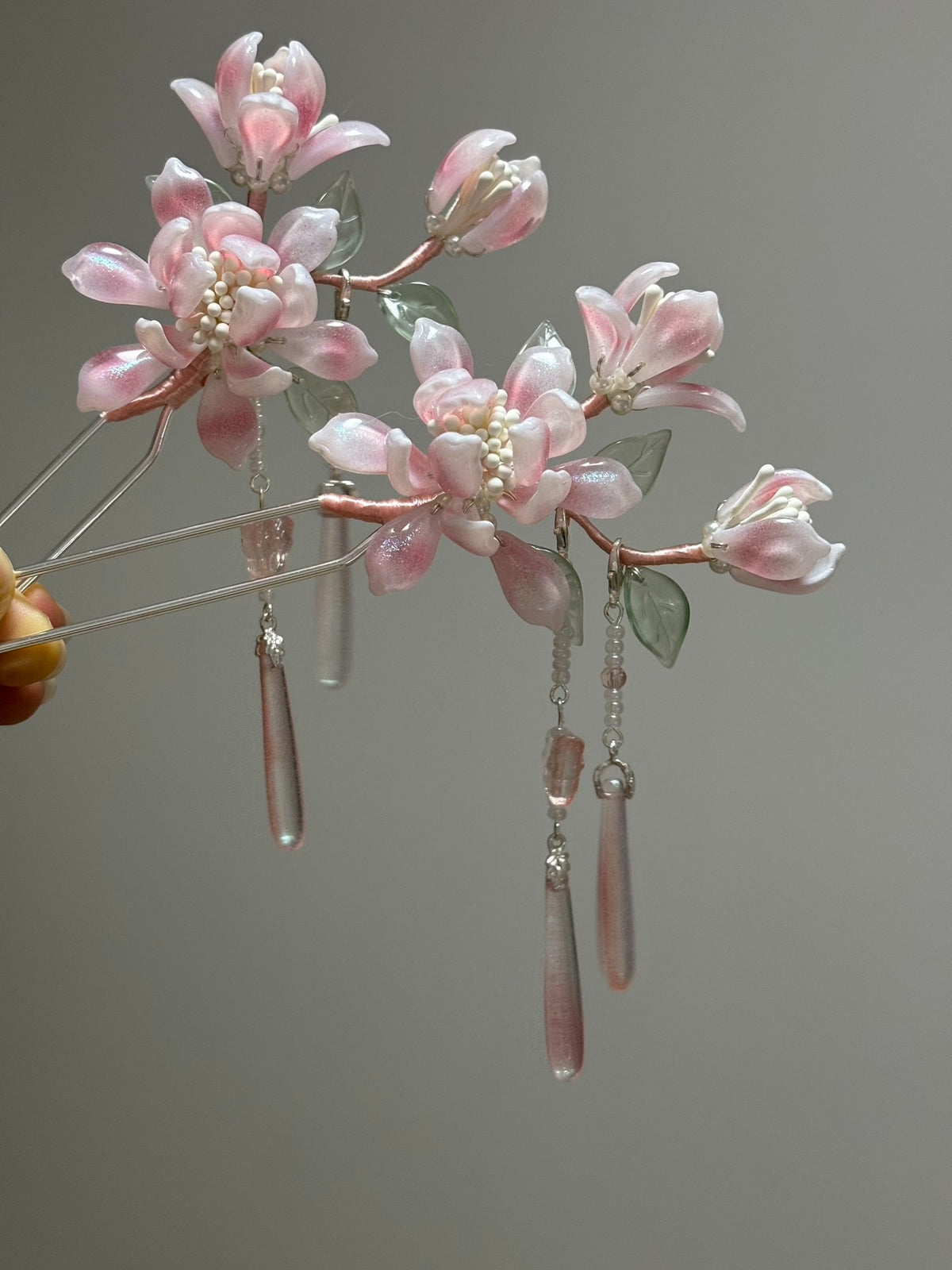Pink Jade Magnolia Glazed Hairpin