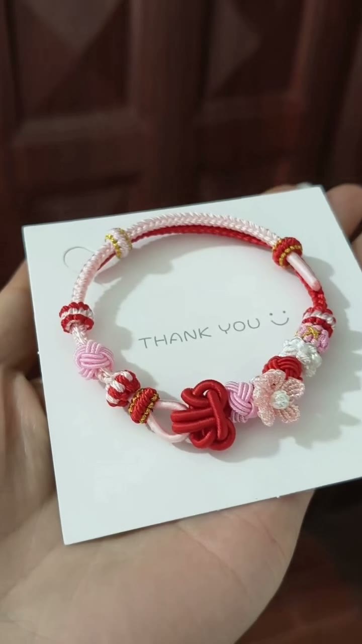 ハンドメイド 赤×ピンク 編みコードブレスレット