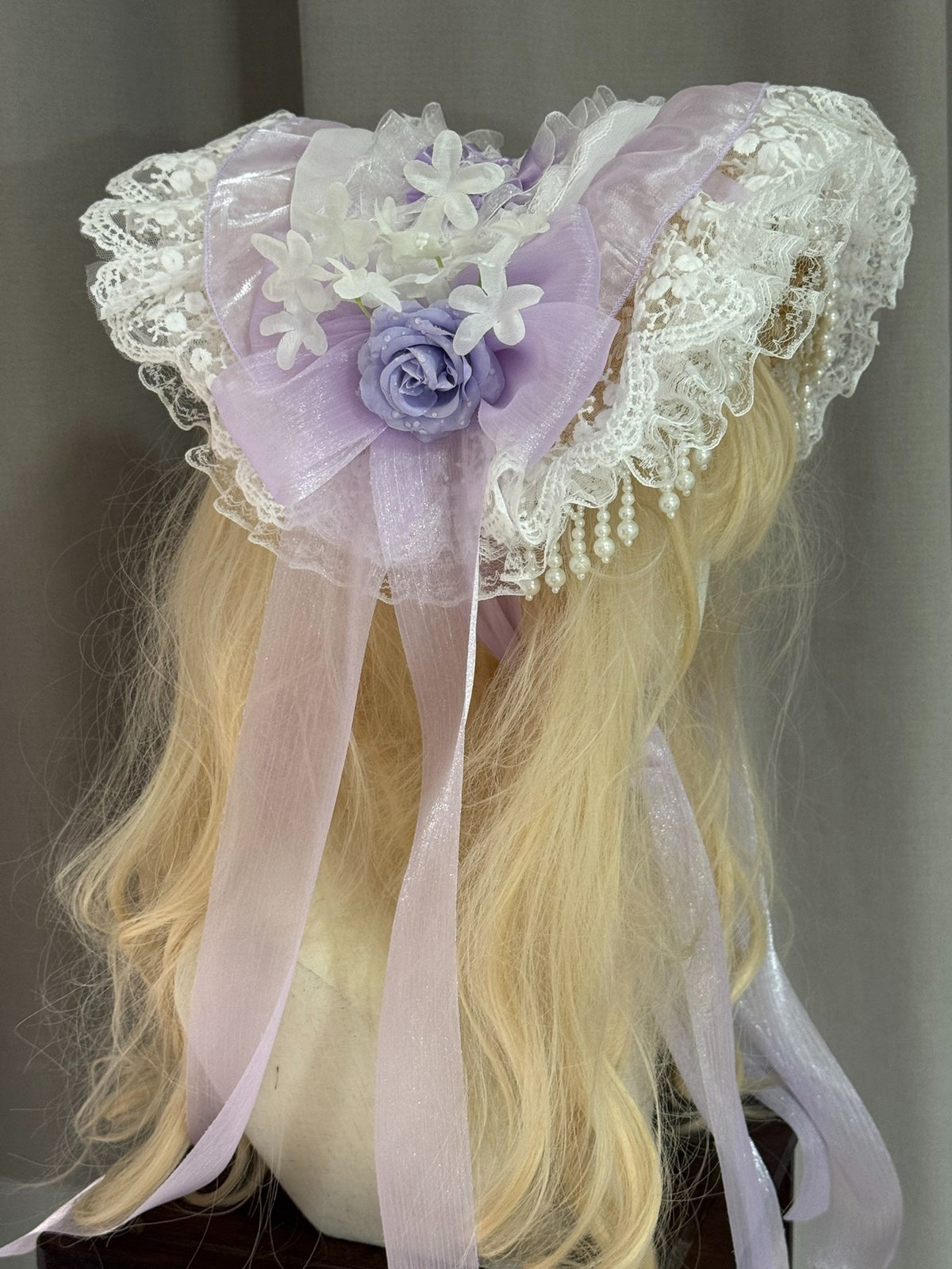 Handcrafted Lolita Straw Bonnet Hat Lavender Lace