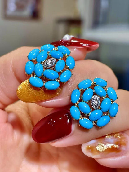 18K Gold Turquoise and Diamond Floral Stud Earrings
