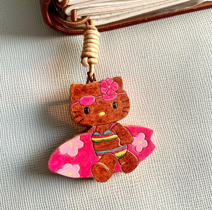 Hand-Carved Italian Leather Hello Kitty Keychain Set