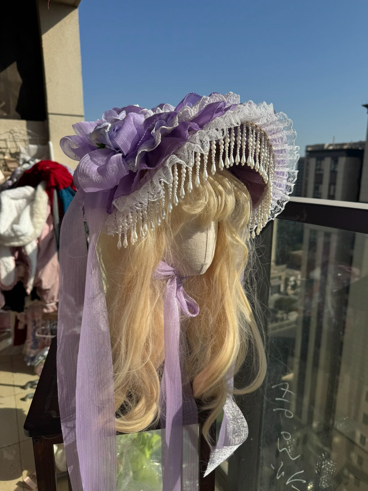 Handmade Lolita Bonnet Purple Lace Flowers