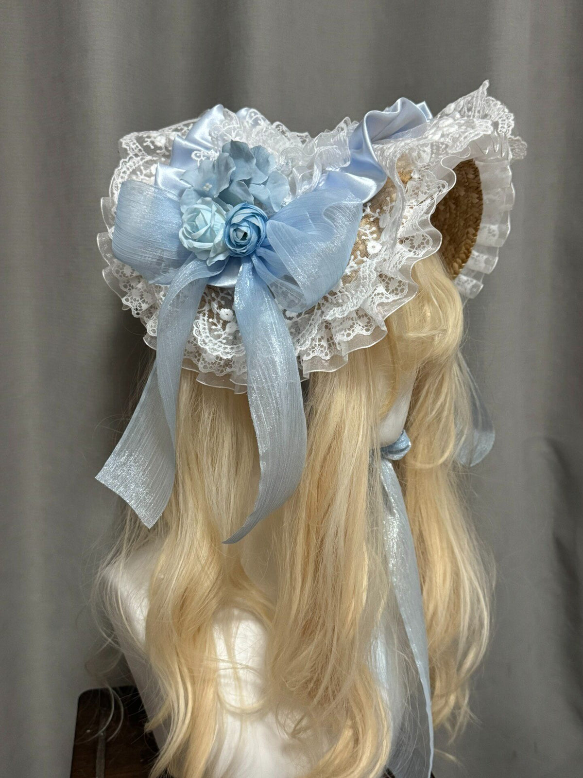 Handcrafted Blue Lace Bonnet Straw Hat