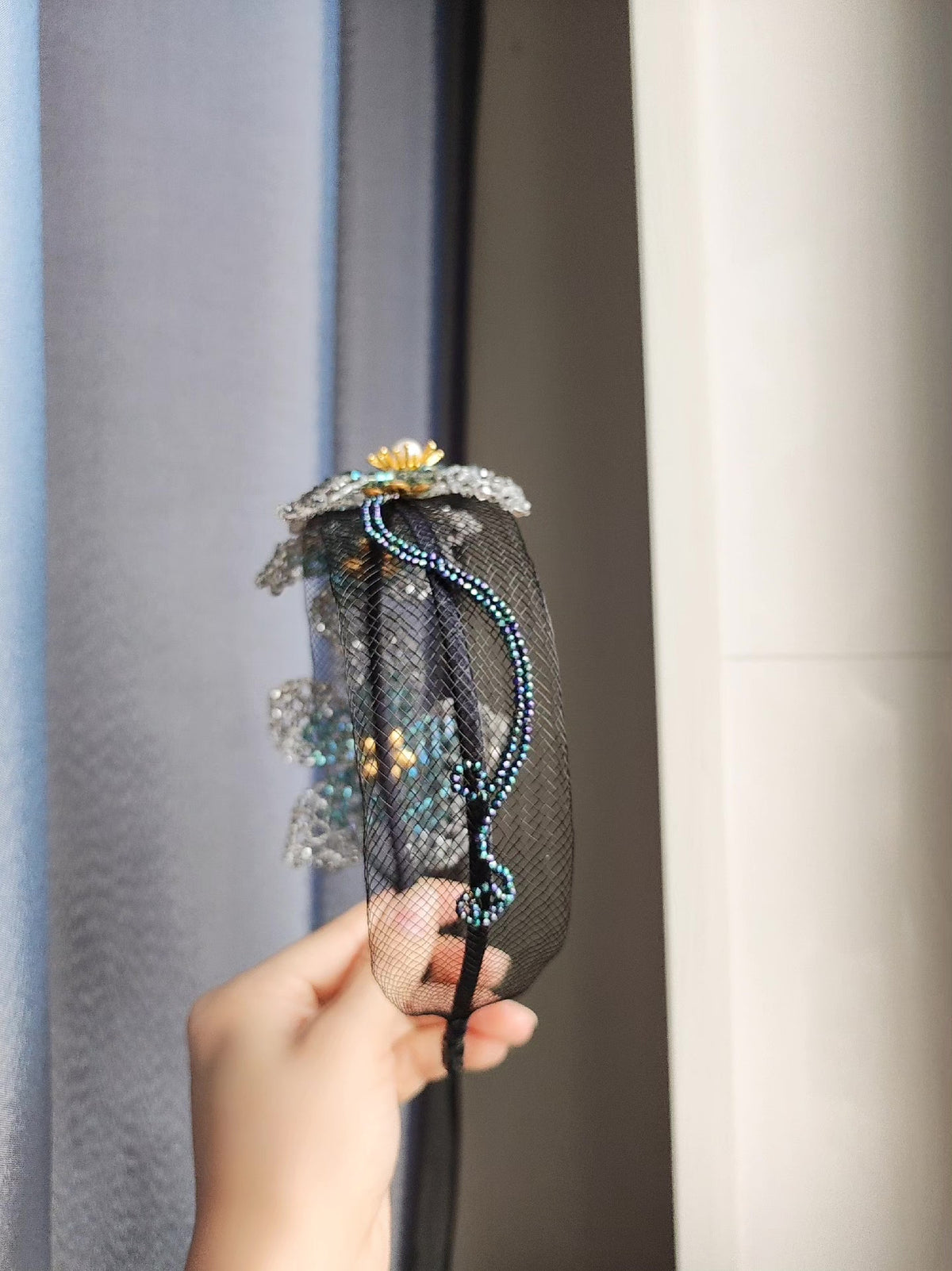 Beaded Floral Headband with Net Veil