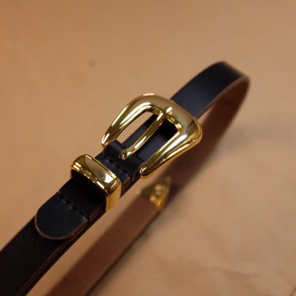 Matte Black Leather Belt with Gold-Tone Shield Buckle