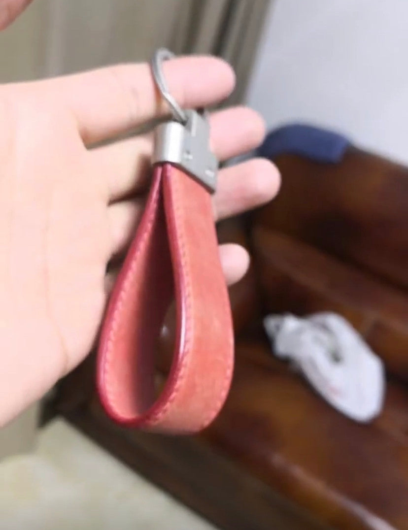 Pink Leather Loop Keychain with Contrast Stitching